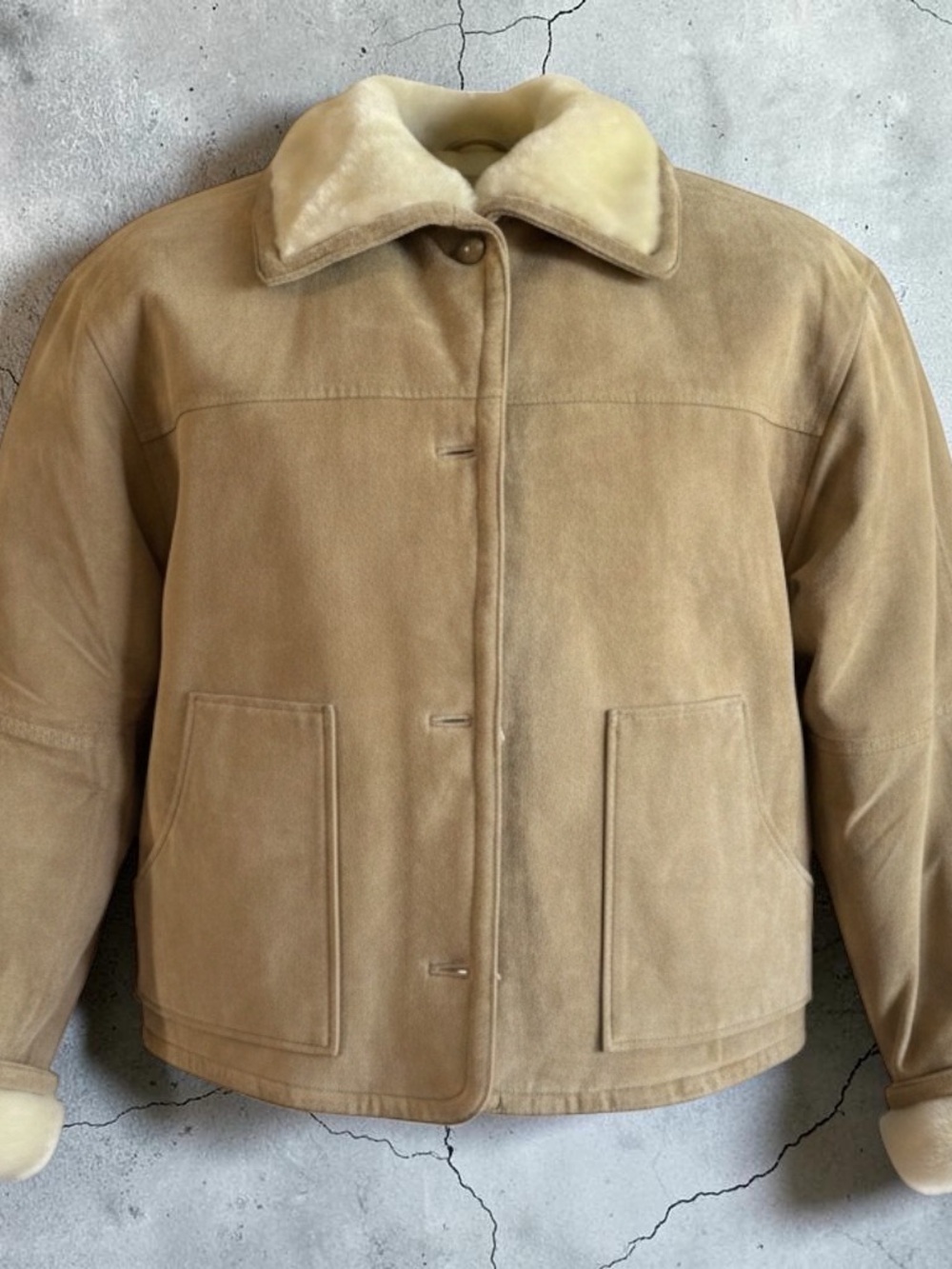 Pacific Trail Tan Suede Bomber Jacket with Cream Shearling Collar